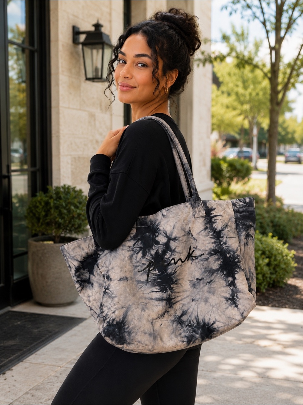 PINK Victoria's Secret Black & Cream Tie-Dye Canvas Tote